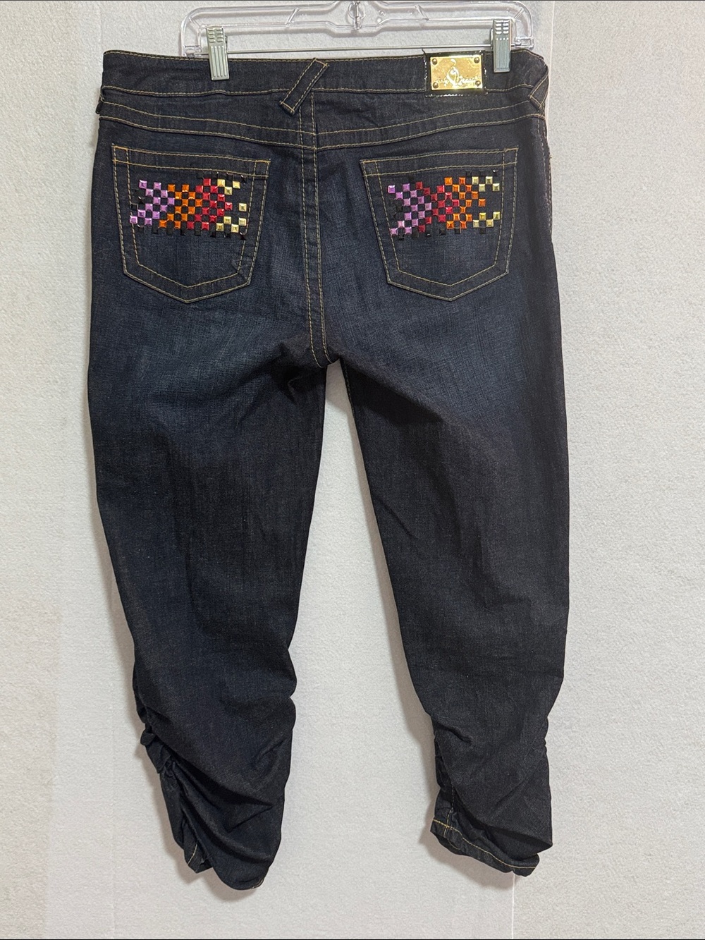 Baby Phat 90’s Y2K Dark Indigo Cropped Leg Colorful Embroidered Pockets